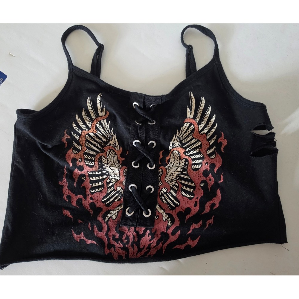 Torrid Black Lace-Up Graphic Tank Top Wing Flame Rhinestone Cropped Sz 00